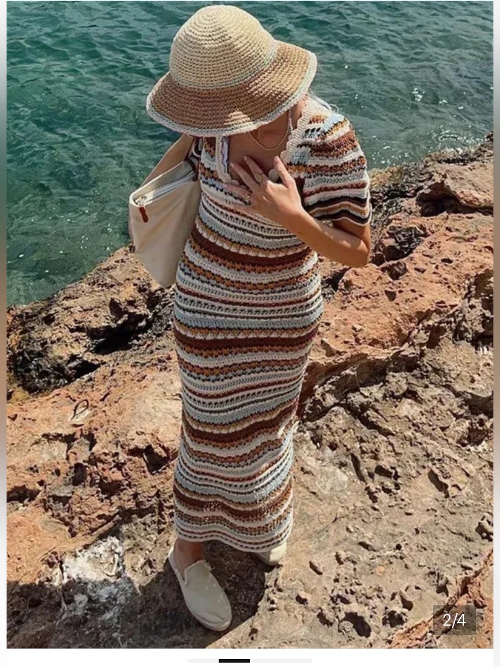 Zara Striped Crochet Maxi Dress in Cream and Brown